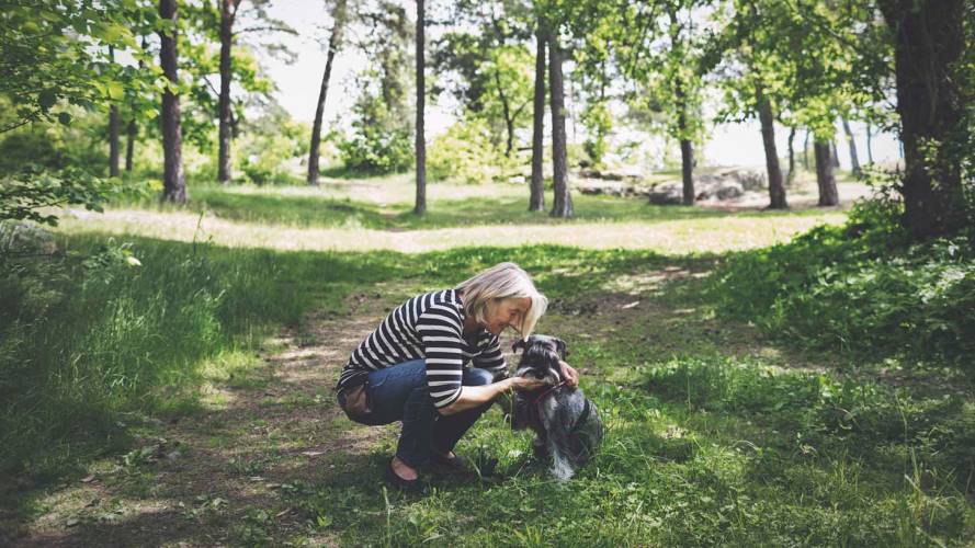 Eldre kvinne sammen med hund i skogen